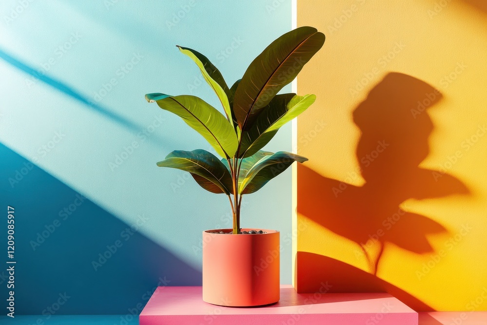 Poster minimalist interior with a single plant, utilizing vibrant colors and dynamic shapes to enhance dept