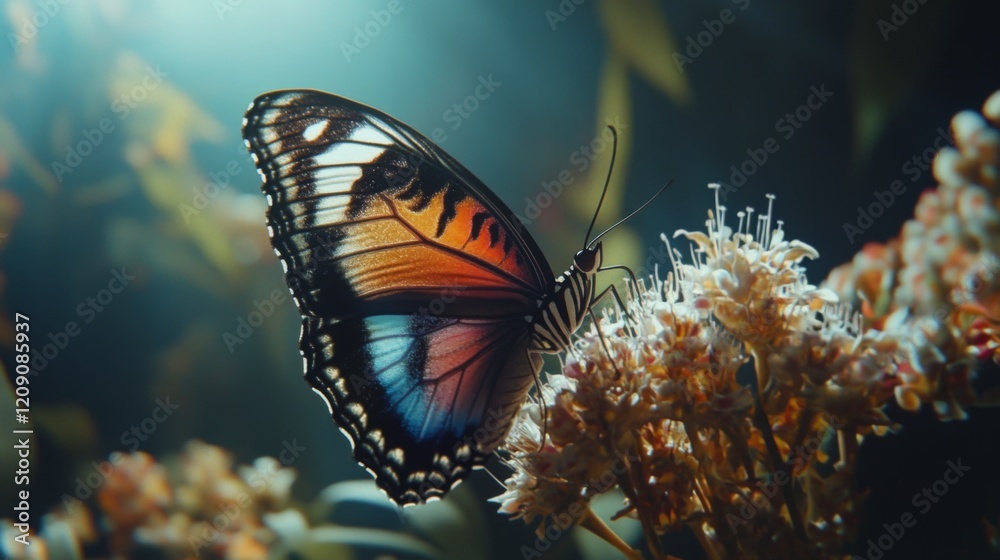 Poster A vibrant macro shot of a colorful butterfly resting on a flower, highlighting its delicate wings and intricate patterns in bright sunlight