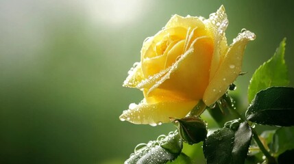 A yellow rose with fresh dew on its petals, set against a soft green garden background for a cheerful and vibrant look