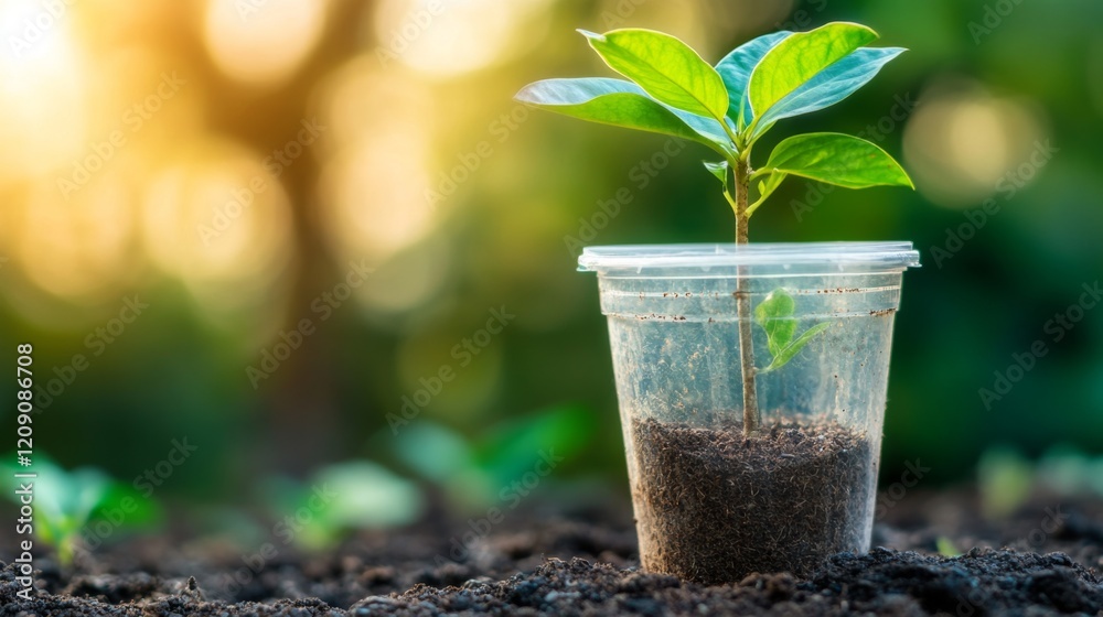 Poster Close-up of a small tree growing out of a biodegradable seedling container placed on the forest floor, with soft light filtering through the trees