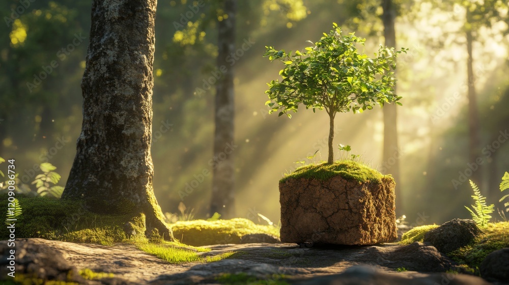 Poster Close-up of a small tree growing out of a biodegradable seedling container placed on the forest floor, with soft light filtering through the trees