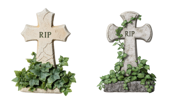 Two gravestones with 'RIP' inscriptions, adorned with lush green ivy, conveying a sense of tranquility and remembrance.