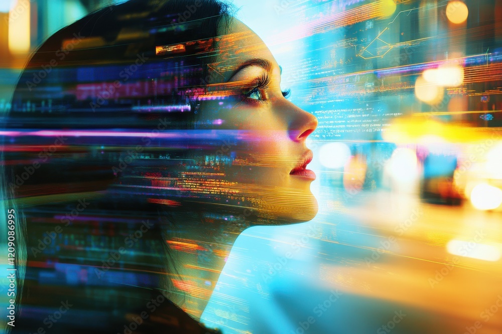 Poster Portrait of a woman in a tech-inspired setting, utilizing vibrant colors and dynamic shapes to enhance depth and perspective