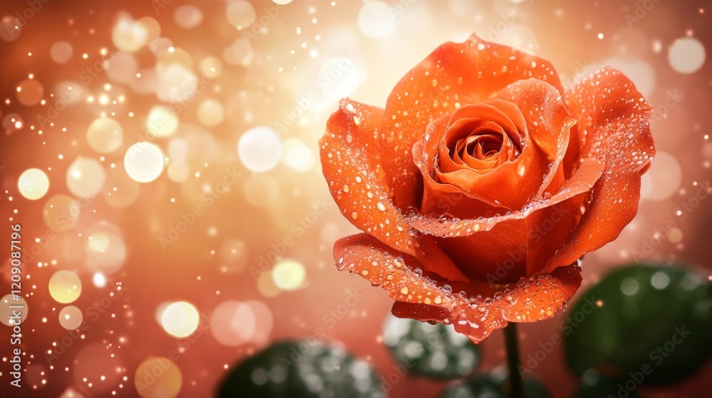 Aufkleber macro shot of a vibrant orange rose with water droplets, with soft bokeh lights in the background ad