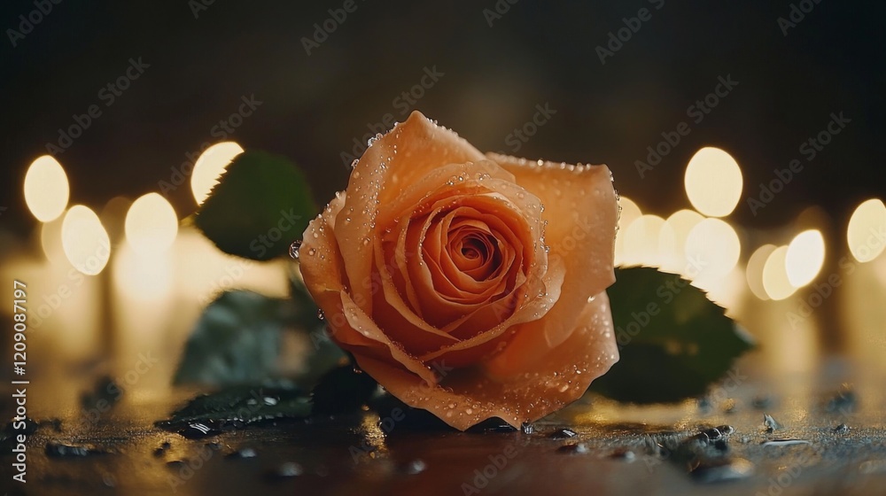 Leinwandbilder macro shot of a vibrant orange rose with water droplets, with soft bokeh lights in the background ad