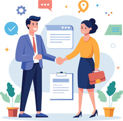 People shaking hands at work - Two businesspeople, man and woman doing handshake in office at work while smiling over business agreement and deal. Flat design stock illustration on white background