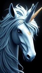 Naklejka premium Majestic Unicorn Portrait Digital Art: A Mystical Creature with a Blue and White Coat, Golden Horn and Star on its Forehead Against a Dark Background