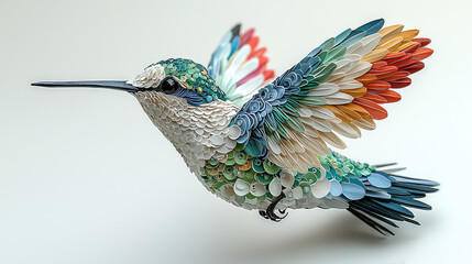 Obraz premium Intricate paper hummingbird sculpture in flight, showcasing vibrant colors and detailed craftsmanship.