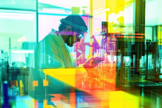 Scientist working in a high-tech laboratory, utilizing vibrant colors and dynamic shapes to enhance depth and perspective