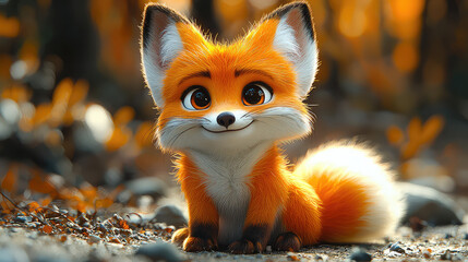 Obraz premium Adorable cartoon fox sitting in autumn forest. (1)
