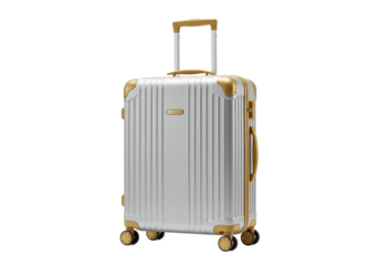 Sleek silver suitcase with golden handles and wheels, isolated on white background