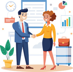 People shaking hands at work - Two businesspeople, man and woman doing handshake in office at work while smiling over business agreement and deal. Flat design stock illustration on white background