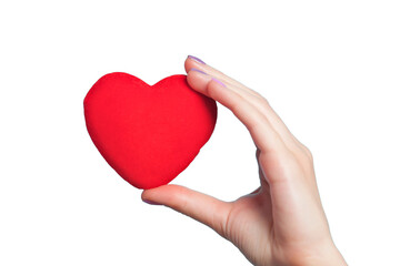 A red love heart is held in a hand on a transparent background.