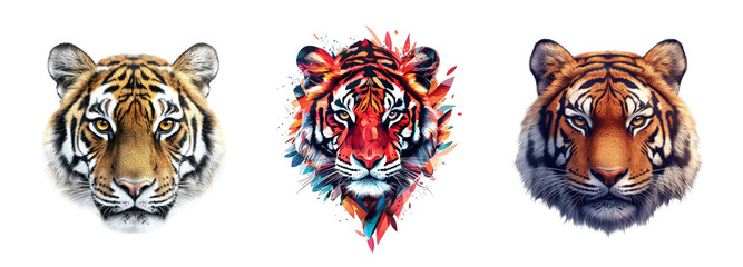Obraz premium Three distinct tiger head illustrations showcasing vibrant colors and intricate details, evoking strength and majesty.