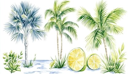Lush Tropical Scene Featuring Palm Trees and Fresh Limes in a Serene Coastal Environment