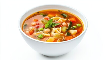 A bowl of hearty minestrone soup with vegetables, beans, pasta
