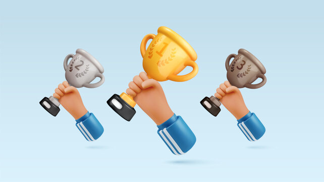 Three athletes hands holding gold, silver, and bronze cups. Set of sportsman winners arms with goblets on light background. Symbol of success, victory, recognition. 3d cartoon vector design elements.
