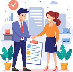 People shaking hands at work - Two businesspeople, man and woman doing handshake in office at work while smiling over business agreement and deal. Flat design stock illustration on white background