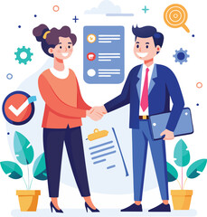People shaking hands at work - Two businesspeople, man and woman doing handshake in office at work while smiling over business agreement and deal. Flat design stock illustration on white background