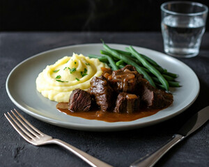A steaming portion of Stoofvlees (also known as Carbonnade Flamande), a rich Belgian beef stew, is served alongside a mound of creamy mashed potatoes and vibrant green beans.