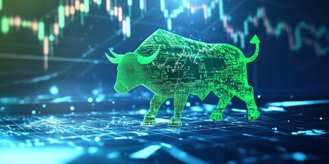 digital green bull shape in motion, with stock market charts and graphs behind it