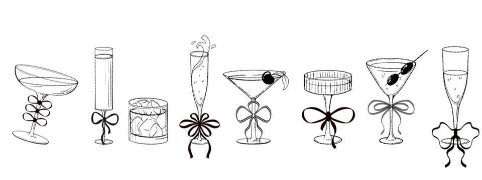 Set of alcoholic Cocktails with bowknots and ribbons. Drink Glasses for negroni and ice, daiquiri, manhattan, martini, margarita, gin and tonic, mimosa, cosmopolitan. vector black and white 