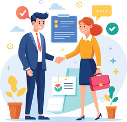 Obraz premium People shaking hands at work - Two businesspeople, man and woman doing handshake in office at work while smiling over business agreement and deal. Flat design stock illustration on white background