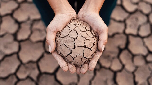 Climate change concept. Hands holding a cracked earth ball in a dry landscape.
