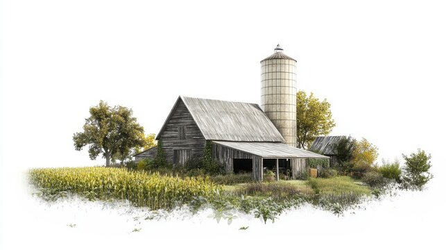 Rustic Barn and Silo Beside Cornfield Landscape - Powered by Adobe