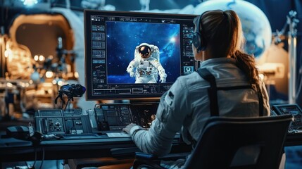 Fototapeta premium Female Director Overseeing Sci-fi Movie Shoot with Virtual Production and CGI Featuring Astronaut on Digital Set