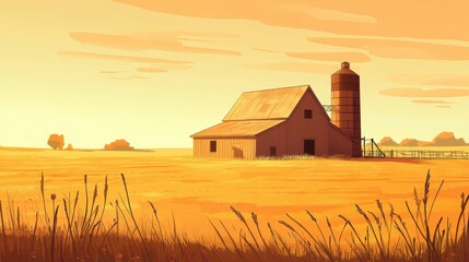 Peaceful Farm Scene with Barn and Silo on Open Land