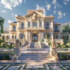 Obraz premium Grand mansion with classical architecture, lush gardens, and majestic stone lions.