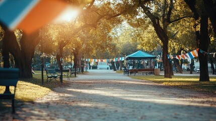 vibrant city park festooned with flags celebrating diversity and inclusion: perfect for a meaningful sports interior poster!