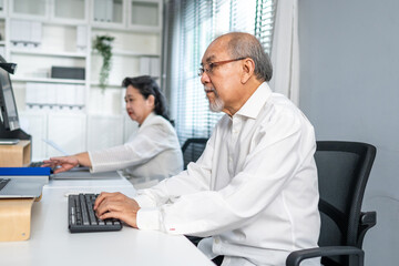 Asian senior elderly businessman and woman worker working in the office.