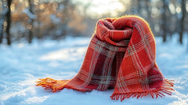 Stylish Winter Scarf on a Snowy Background in Warm Tones with Soft Lighting and Cozy Atmosphere