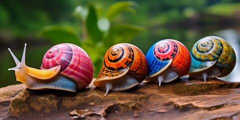 Four vividly colored snails with uniquely patterned shells line up on a rock in a natural setting, symbolizing diversity, creativity, and nature's beauty