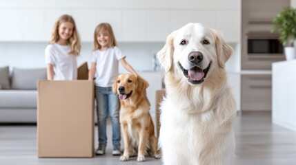 Plakat Happy family moving into new home with dogs