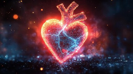 Fiery Heartbeat: An abstract, glowing heart pulsates with energy, crackling with vibrant red and blue energy sparks against a dark, atmospheric background. This image is perfect for concepts of love.