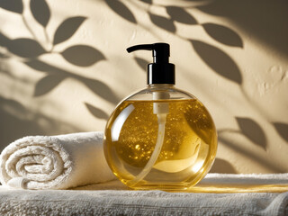 A round transparent pump bottle filled with golden liquid, placed on white towels with soft shadows of leaves on a beige background, creating a spa-like ambiance.