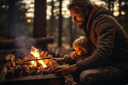 family camping holiday, father and son near a barbecue with a fire, together on an overnight hike
