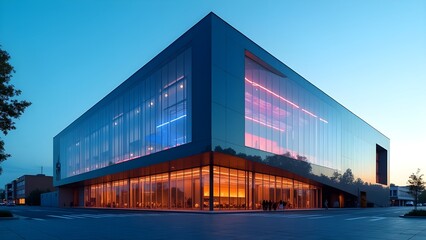 Fototapeta premium A futuristic minimalist building with a bold glass facade reflecting bright colors