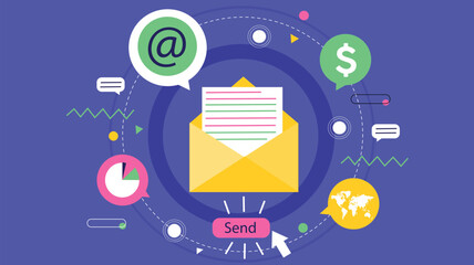 Email marketing concept illustration with an envelope and communication icons.