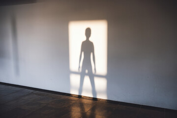Obraz premium Shadow of a person with a thin silhouette cast against a blank wall