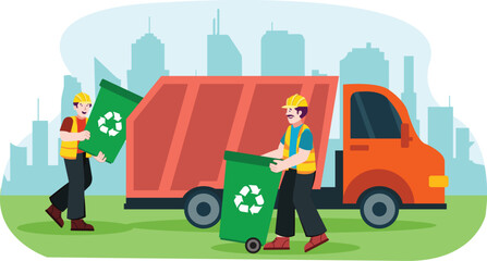 Garbage recycling service illustration featuring workers and a recycling bin.