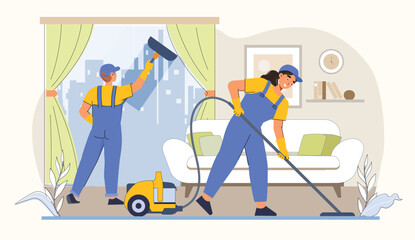 Housekeeping service illustration showcasing window cleaning and vacuuming tasks.