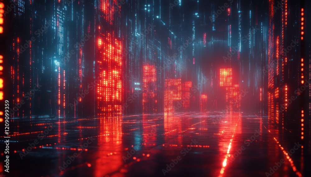 Aufkleber Futuristic Digital Landscape with Cyberpunk Data Blocks and Floating Binary Codes