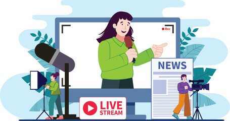 Live news broadcast concept illustration with a reporter and camera crew in action.
