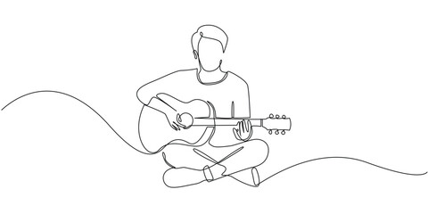 continuous line of young man playing guitar.one line drawing of man relaxing sitting on the floor and playing guitar.single line vector illustration of guitarist.isolated white background