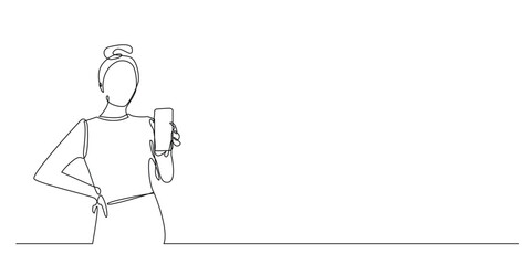 continuous line of woman showing cellphone screen.one line drawing of presentation woman showing cellphone screen.single line vector illustration.isolated white background