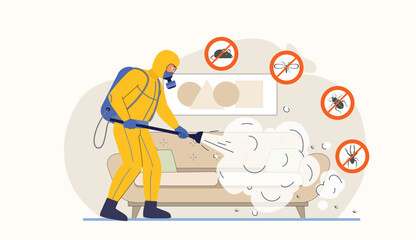 Pest control service illustration with a worker in protective gear spraying for insects.